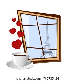 Window with view on Eiffel tower outside isolated on white background. Vector illustration