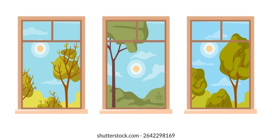 Window view on summer landscape. Vector in flat style, isolated set of summertime nature, park or garden with trees and sunny weather. Countryside scene during hot season, leafy woods or forest