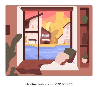 Window view on sunset over city street. Cosy home with windowsill, cushions and evening cityscape with sun set over urban river. Summer landscape from inside room. Colored flat vector illustration