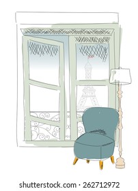 Window view from Paris window, Eiffel tower, hand drawn, vector illustration