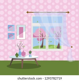Window with a view of pink blooming trees and flying leaves. Spring interior with a coffee table, vases, tulle, pink wallpaper. Sunny good weather outside. Flat cartoon style vector illustration.