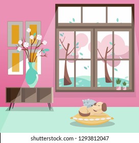 Window with view of pink blooming trees, flying leaves. Spring interior with sleeping cat and dog, vase, pictures on pink wallpaper. Rainy good weather outside. Flat cartoon style vector illustration.
