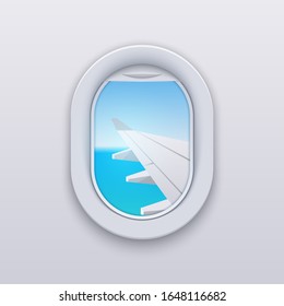 Window view plane aircraft. Plane interior travel vector flight vacation window concept banner.