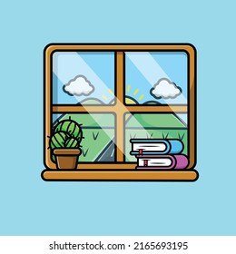 Window View With Plant And Book Cartoon Vector Icon Illustration. Nature Object Icon Concept Isolated Premium Vector.