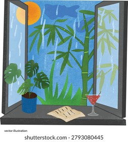 window view of rain falling, revealing bamboo groves and the sun