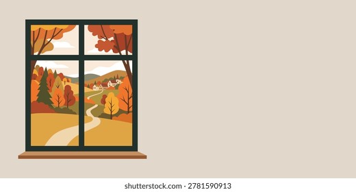 Window view of rural village landscape in autumn season. Fall trees and path in countryside. Seasonal nature scenery through home window frame with copy space for text background.