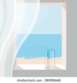 Window view of the sea and the beach. Curtains fluttering in the wind.