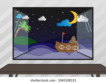 window view sea night scene vector illustration island wave coconut tropical palm tree boat moon clouds and star cartoon style paper art night sky time