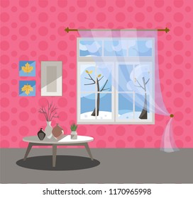Window with a view of snow trees and flying snowflakes. Winter interior with a coffee table, vases, tulle, pink wallpaper. Sunny good weather outside. Flat cartoon style vector illustration.