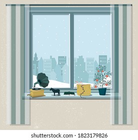 A window with a view of the snow-covered city, a book, a gramophone, a Christmas tree on the windowsill. Cozy winter Christmas vector illustration in flat style.