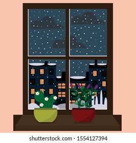 window view of the snowy city