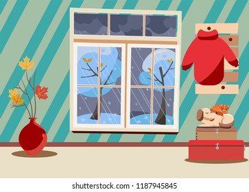 Window with view of snowy trees . Winter striped green, beige interior with branches in vase, sleeping cat, dog on suitcases and red jacket on hanger. Evening good weather outside. Flat cartoon vector