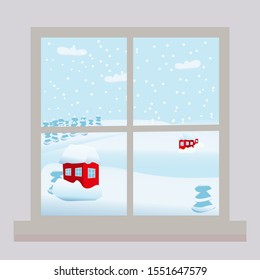 Window view of a snowy village with red houses. Vector illustration.