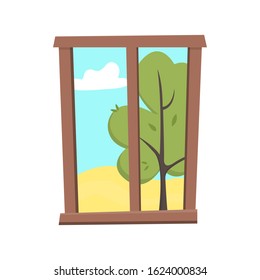 Window with a view of the spring / summer landscape. Flat style vector illustration.