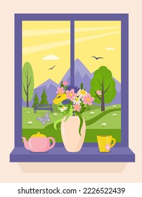 Window view of the summer landscape. Start of the day with a cup of tea. Vector illustration 