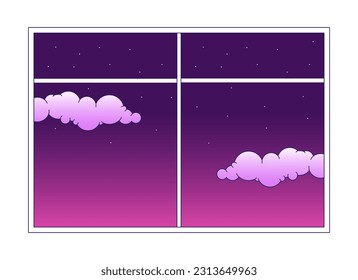 Window view with twilight sky stars flat vector cartoon icon. Afternoon sky night. Editorial, magazine spot illustration. Colorful object isolated on white. Editable 2D simple drawing, graphic design