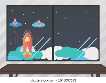 Window view vector illustrations. dark blue night sky background rocket star and clouds with empty table copy space flat design cartoon style. fast plan to success. Startup business concept 