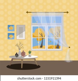 Window with a view of yellow trees and flying leaves. Autumn interior with a coffee table, vases, tulle, yellow wallpaper. Sunny good weather outside. Flat cartoon style vector illustration.
