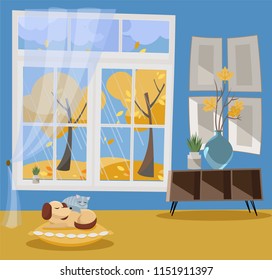 Window with a view of yellow trees and flying leaves. Autumn interior sleeping cat and dog on pillow, shelf, vase with branches. nonparallel objects. Rainy weather outside. Flat cartoon vector