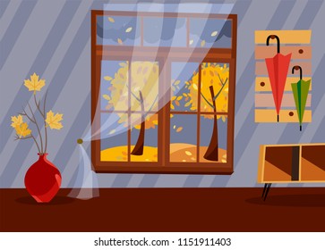 Window with a view of yellow trees and foliage. Autumn brown interior with branches in vase, bedside table in hallway and umbrellas on hanger. Evening good weather outside. Flat cartoon vector