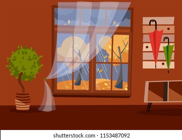 Window with a view of yellow trees and foliage. Autumn brown interior with tree in tub, a coffee table and a umbrellas on hanger. Evening rainy weather outside. Flat cartoon vector illustration.