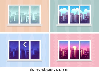 Window views. Morning, day and night cityscape, city buildings through house windows apartment, buildings and skyscrapers at various time, modern urban landscape, vector flat cartoon illustrations