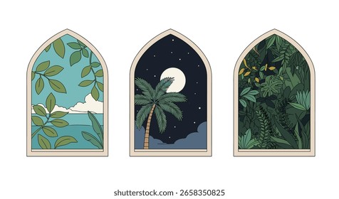 Window views three diverse pixel art scenes unveiling nature's beauty