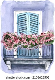 window with vintage balcony and flowers
