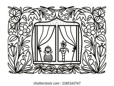 Window and wall, flower plants, freehand drawing with black stroke, coloring book for children