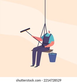 Window Washer Cleaning High Office Building Using Squeegee. Worker Character Housekeeping Service, Washing Tower or Modern Office Facade Hanging on Ropes. Cartoon People Vector Illustration