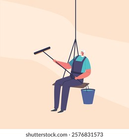 Window Washer Cleaning High Office Building Using Squeegee. Worker Character Housekeeping and Washing Service
