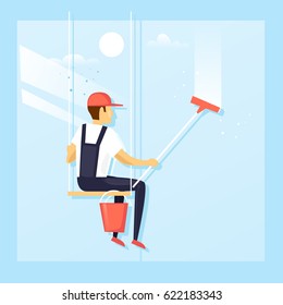 Window washer of modern skyscraper. Flat design vector illustration.