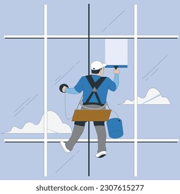 Window washer of modern skyscraper. workers washing windows of the modern skyscraper building. Men washing windows at height, modern skyscraper. Window washer is cleaning high office building