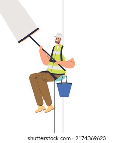 Window washer service worker clean glass wall of modern building with cleaning tools. Male cleaner at work hanging outside on ropes. Cartoon flat vector illustration