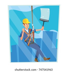 Window Washer Worker Vector. Man Cleaning Window Squeegee Spray. Window Washer Is Cleaning High Building. Cartoon Character Illustration