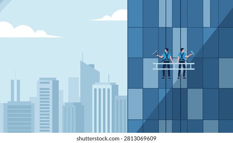 Window washers cleaning skyscraper glass windows, showcasing high altitude work and professional cleaning.