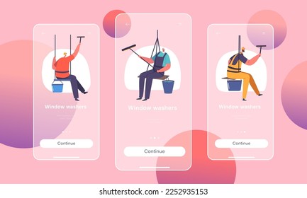 Windows Washers Mobile App Page Onboard Screen Template. Zeichen in Uniform Hang auf Ropes mit Ausrüstung Reinigung Gebäude Brille. Reinigungskonzept Vektorgrafik von Cartoon People