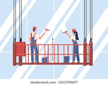 Window washers on hoist wash windows of high rise building. Man and woman in gondola. Skyscraper facade cleaning. Professional cleaner service. Cartoon flat style isolated vector concept