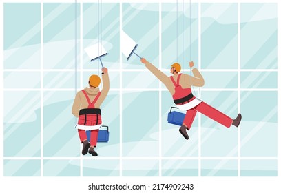 Window Washers Profession. Industrial Deep Cleaning Company Service. Workers with Professional Equipment, Men in Uniform Cleaning Glasses Work on Climbing Gears. Cartoon Vector Illustration