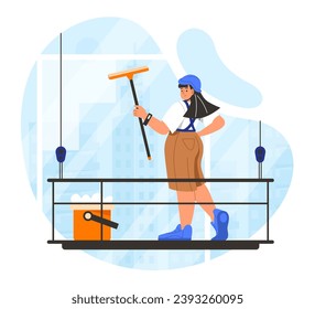 Window washing concept. Woman with scraper and orange bucket with soap. Young girl in uniform. Cleaning occupation. Cartoon flat vector illustration isolated on white background