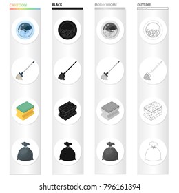 Window washing machine, mop, cleaning sponge, package with garbage. Cleaning set collection icons in cartoon black monochrome outline style vector symbol stock illustration web.
