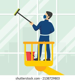 Window washing on high-rise office building in crane beam Concept vector icon design, Industrial cleaning service symbol, office and street caretaker Sign, maintenance appliance and equipment stock