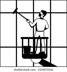 Window Washing On High-rise Office Building In Crane Beam Concept Vector Icon Design, Industrial Cleaning Service Symbol, Office And Street Caretaker Sign, Maintenance Appliance And Equipment Stock