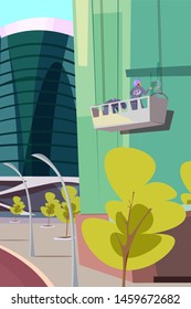 Window washing service flat vector illustration. Professional cleaners crew cartoon characters. Men in uniform on lifting cranes cleaning skyscraper exterior. Dangerous profession, risky labor