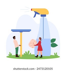 Window washing service, general cleaning with help of janitorial staff. Tiny people holding squeegee wiper and sponge with detergent product from bottle to wash glass cartoon vector illustration