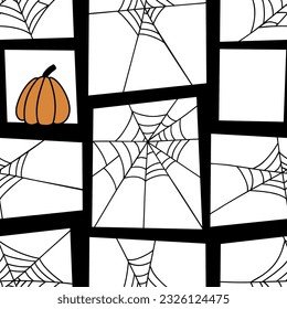Window with web and pumpkin.  Traditional Halloween seamless pattern. Modern design for clothes, fabric, paper, cover, interior decoration. Vector texture. EPS 10
