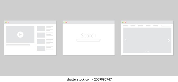 Window website, search, video template. Vector browser template