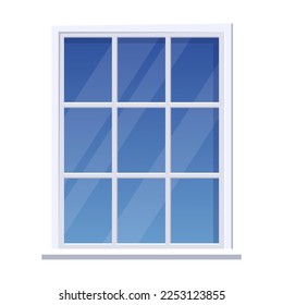 Window with white frame. Clean glass window on wall of building. Cartoon classic element of house exterior isolated white. Architecture, facade concept