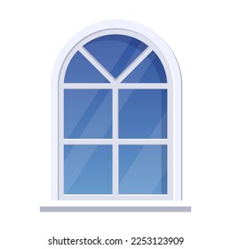 Window with white frame. Glass window on wall of building. Cartoon classic element of house exterior isolated white. Architecture, facade concept