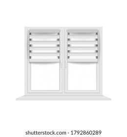 Marco blanco de ventana con persianas plásticas o jalousie ilustración vectorial realista aislado en fondo blanco. Mockup o plantilla para la presentación del diseño de la casa.